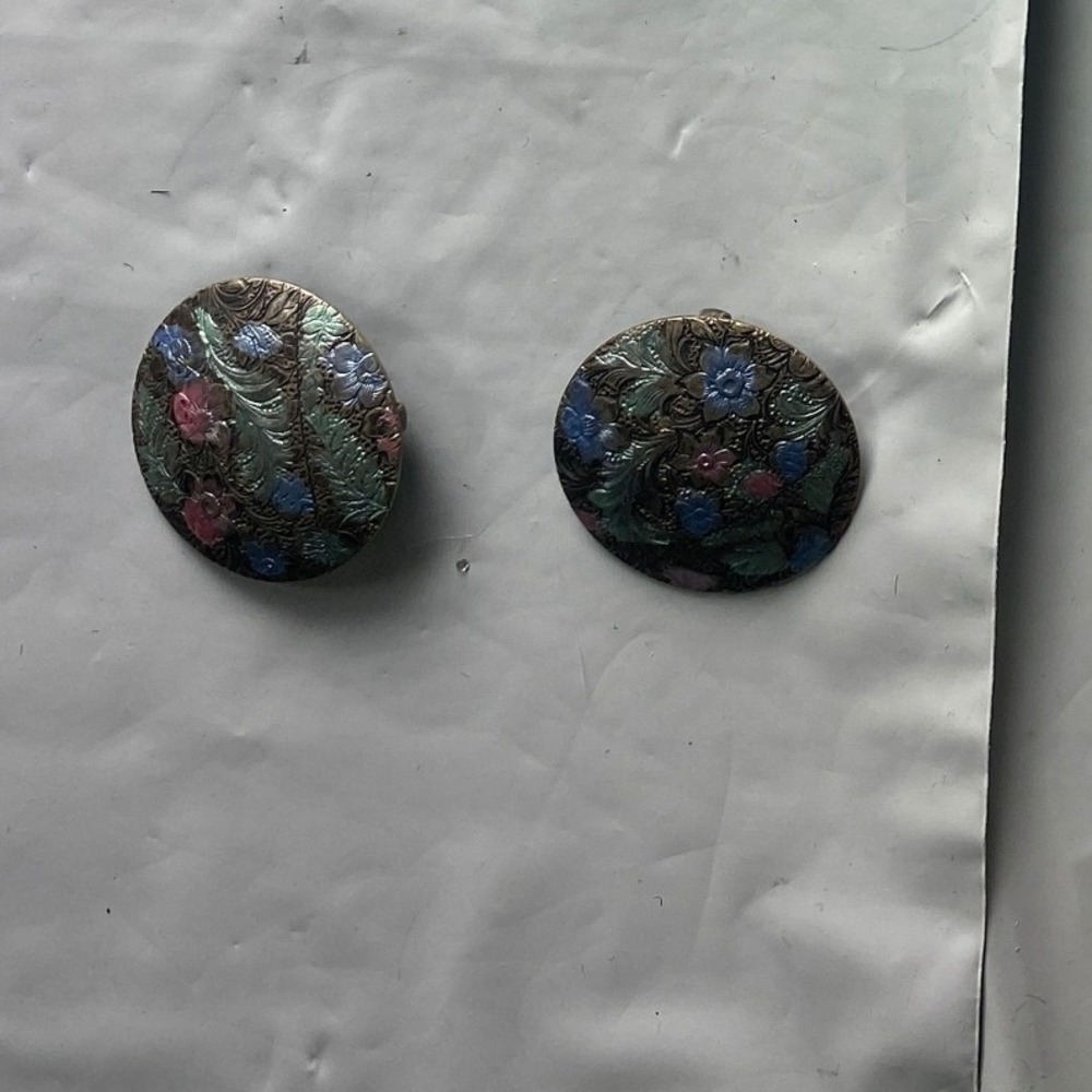 Vintage Mosaic Round Button Earrings Blue Pink Floral Design